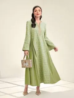 Al Najma 長袖ドレス　コントラストリボンディテール　ライムグリーン
