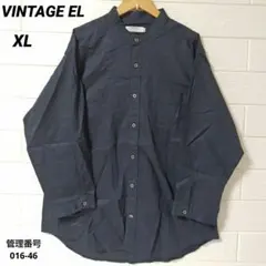 日本製 VINTAGE EL リネン混 バンドカラーシャツ XL ネイビー 長袖のサムネイル