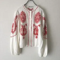 美品　ZARA エンブロイダリー刺繍ブラウス オレンジ S