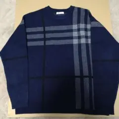 タケオキクチ　ネイビー チェック柄 クルーネックセーター