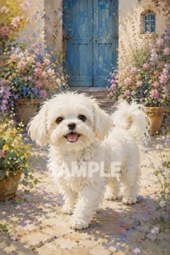 1223 マルチーズ 花の庭 絵画風アート 2L判 犬 インテリア