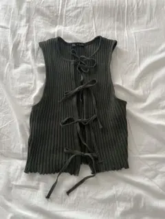 ZARA リブニット タンクトップ フロントリボン カーキ S