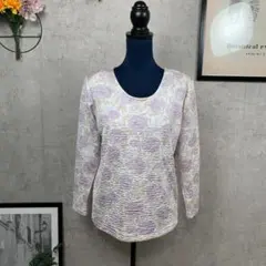 【美品】Tシャツ カットソー 長袖 パープル 花柄 ポリエステル 伸縮性有