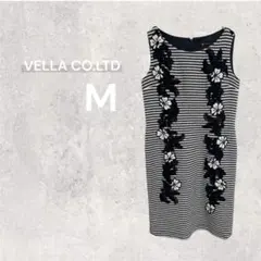 【美品】ベラ ワンピース 膝丈 ノースリーブ ボーダー 花柄 フラワー 刺繍 綿