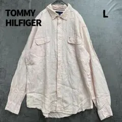 トミーヒルフィガー 長袖シャツ L チェック柄 カジュアル 薄桃【6392】