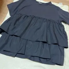 Yori ぺプラムトップス ソリッドダブルフレアカットソー ブルーグレー