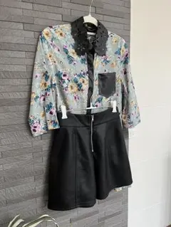 【Girlstyle】未使用花柄シャツ×フェイクレザーショーパン2点M