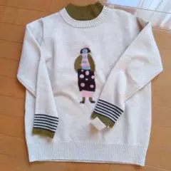 人物刺繍 ニットセーター 長袖 ベージュ色 タグ付き　未使用