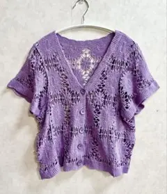 【美品】半袖 花柄透かしニット パープル フリーサイズ　刺繍