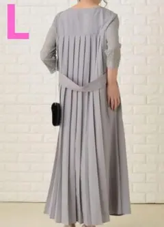レース 七分袖 ロング丈 バックプリーツ ワンピース ドレス グレー L