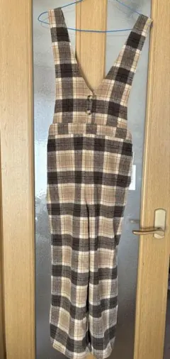 新品 チェック柄サロペット カジュアル ブラウン系 オールインワン