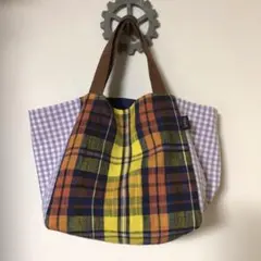 チェック柄キューブトートバッグ(イエロー×パープル) ハンドメイドバッグ