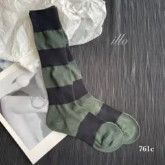 ハイソックス◎靴下　バイカラー　ボーダー　モスグリーン×黒 おしゃれ