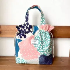ブライト柄ブルー【Sサイズ】巾着トートバッグ　ハンドメイド