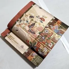 A◆着物くつろぎ 蝶々と花模様 金糸 菊 椿 桜 六通 正絹 袋帯 45
