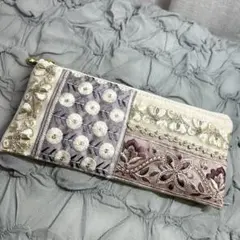 29ポーチ【インド刺繍リボン】グレー系×ピンク系