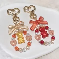 【5】橙×赤リボンビーズキーホルダー 2つセット
