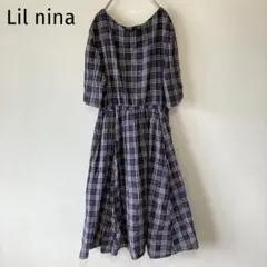 リルニーナ　チェック柄ワンピース　ネイビー　コットン　ナチュラル　レトロ　洒落
