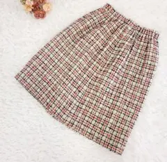 ツイード チェックスカート ベージュ 秋冬 Aライン ウエストゴム ウール100