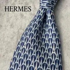 美品 HERMES エルメス 三角柄 謎柄 ネクタイ ネイビー 紺