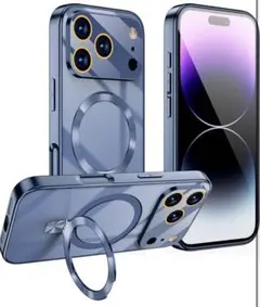 iPhoneケース Magsafe対応 折りたたみスタンドカメラ全面保護 ブルー