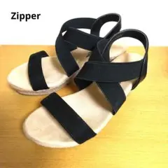 Zipper　厚底　ウェッジソールサンダル　クロスベルト　黒　ジッパー
