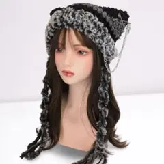チェーン付 ハンドメイド 猫耳ニット帽 y2k グランジ ブラック