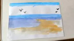 水彩画 海と空 鳥の描写
