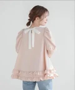 15日まで fitmore 2段フリルバックリボンプルオーバーハーフスリーブ