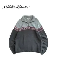 【美品】EddieBauer 香港製 00s ハーフジップ 切替 コットンニット