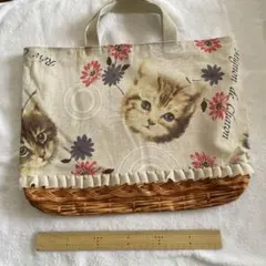 猫柄トートバッグ　レース付き　レッスンバッグにも！