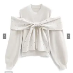 GRL [dr784]オープンショルダービジューリボンニットトップス アイボリー