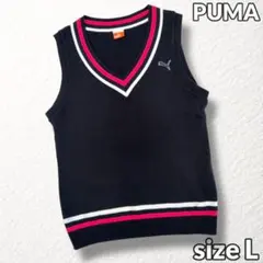 美品【PUMA】ゴルフ ニットベスト 刺繍ロゴ ライン Vネック ブラック L