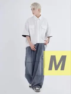 ワイド デニム ジーンズ ボトムス パンツ ゆるダボ ビッグシルエット 青 M