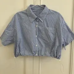 INGNI クロップドシャツ 裾リボン ストライプ 半袖 ブルー Mサイズ