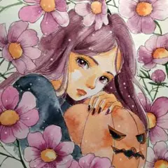 手描きイラストA4　水彩画『魔女と秋桜』