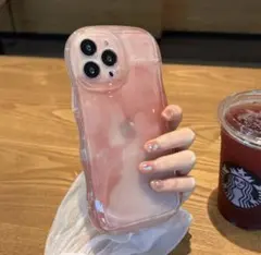iPhone13 ピンク 大理石 半透明 ウェーブ型