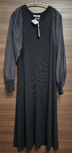 ディノス So Close 異素材ドッキングワンピース L 黒 ドット ブラック