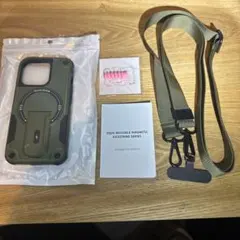 iPhone15proケース 耐衝撃　グリーン ストラップ付　MagSafe対応