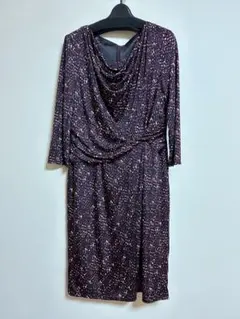 パープル系ドレープネック長袖ワンピース
