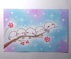 シマエナガ　雪と赤の実　５羽　パステル画