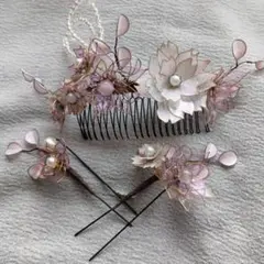 花モチーフ 髪飾りセット　アメリカンフラワー　ビーズ　ディップフラワー