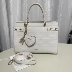 ミラー付き】FURLA ホワイト クロコダイル型押し ハンドバッグ 2way 