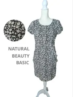ナチュラルビューティーベーシック　花柄 半袖 ワンピース 黒　　スタイルアップ