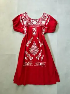 古着 ビンテージ 80s 紫 パープル 花柄 刺繍 メキシカン ワンピース 美 