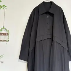 フロントチュールドッキング ワイドシャツワンピース 黒 長袖