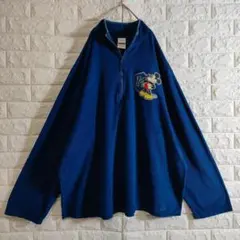 ディズニー ハーフジップ フリーススウェット オールドミッキー刺繍 XXL 青