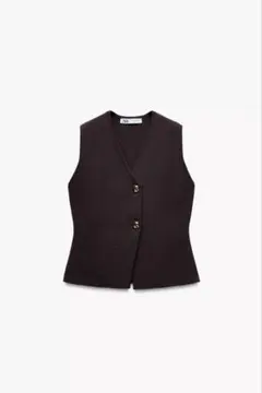 ZARA 無地　ダークブラウン ニットベスト Vネック ボタン付き
