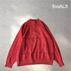 825＊リナルド【3L】ニット　セーター　レッド　ハーフジップ　チェック柄　秋冬