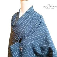 LULU65 着物 小紋 袷 洗える着物 縞 花 洋風 モダン 青